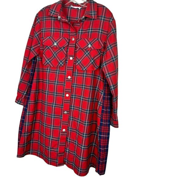 Zara Plaid Flannel Red Blue Long Sleeve Button Up  Shirt  Dress Size 13 14 - Picture 2 of 12